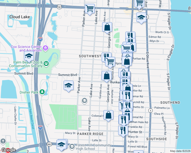 map of restaurants, bars, coffee shops, grocery stores, and more near 724 Summit Boulevard in West Palm Beach