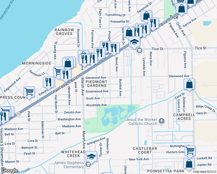 map of restaurants, bars, coffee shops, grocery stores, and more near 656 Prospect Avenue in Fort Myers