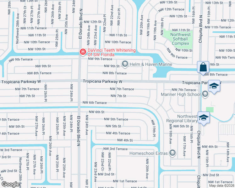 map of restaurants, bars, coffee shops, grocery stores, and more near 2111 Northwest 7th Street in Cape Coral