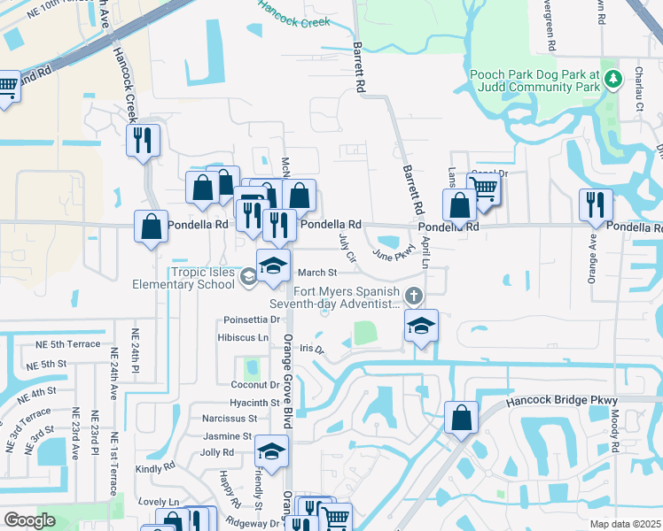 map of restaurants, bars, coffee shops, grocery stores, and more near 792 March Street in North Fort Myers
