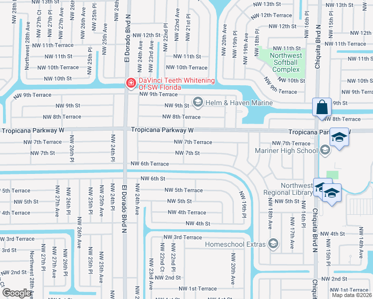 map of restaurants, bars, coffee shops, grocery stores, and more near 2111 Northwest 7th Street in Cape Coral