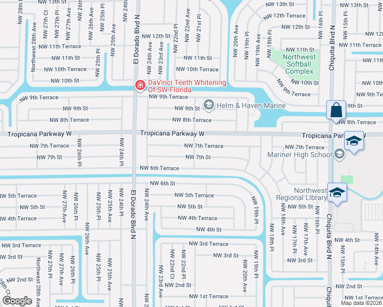 map of restaurants, bars, coffee shops, grocery stores, and more near 2111 Northwest 7th Street in Cape Coral
