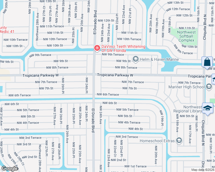 map of restaurants, bars, coffee shops, grocery stores, and more near 2301 Northwest 7th Street in Cape Coral