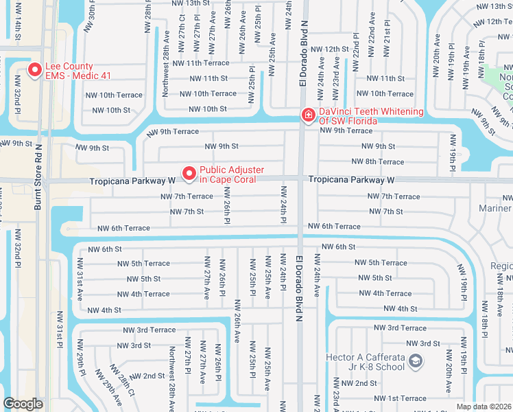 map of restaurants, bars, coffee shops, grocery stores, and more near 2501 Northwest 7th Street in Cape Coral