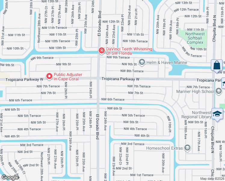 map of restaurants, bars, coffee shops, grocery stores, and more near 2301 Northwest 7th Street in Cape Coral