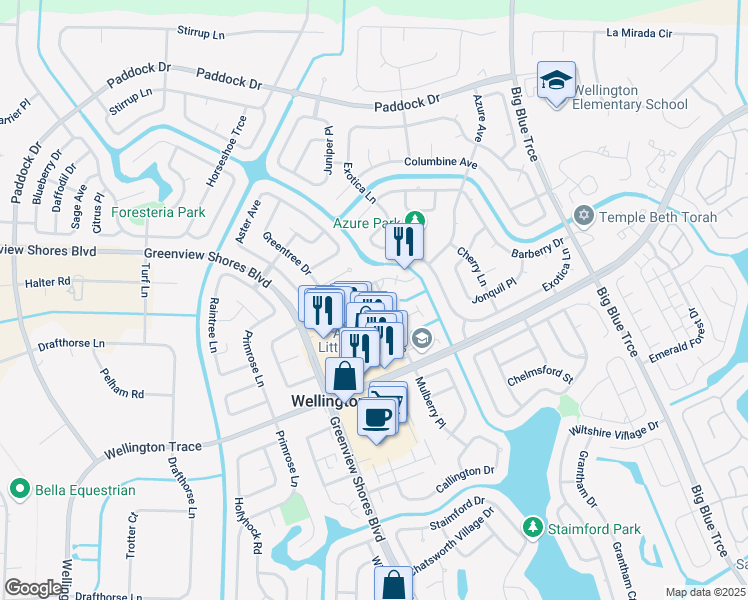 map of restaurants, bars, coffee shops, grocery stores, and more near 1105 Hyacinth Place in Wellington