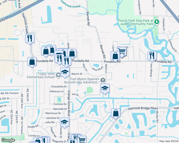 map of restaurants, bars, coffee shops, grocery stores, and more near 788 July Circle in North Fort Myers