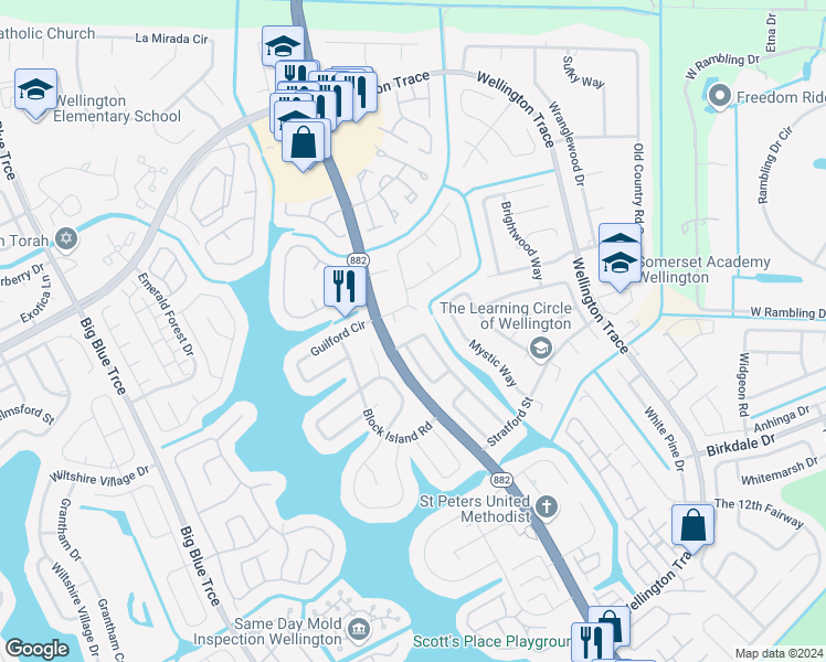 map of restaurants, bars, coffee shops, grocery stores, and more near 1132 Essex Drive in Wellington