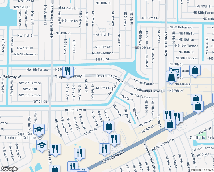 map of restaurants, bars, coffee shops, grocery stores, and more near 407 Northeast 7th Street in Cape Coral