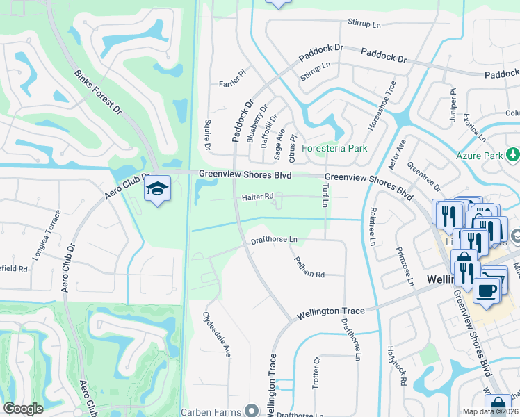map of restaurants, bars, coffee shops, grocery stores, and more near 14598 Halter Road in Wellington
