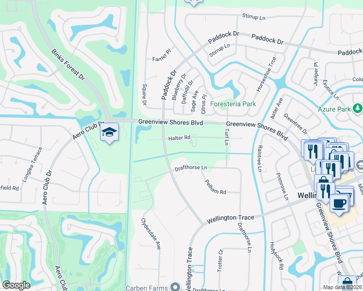 map of restaurants, bars, coffee shops, grocery stores, and more near 14598 Halter Road in Wellington