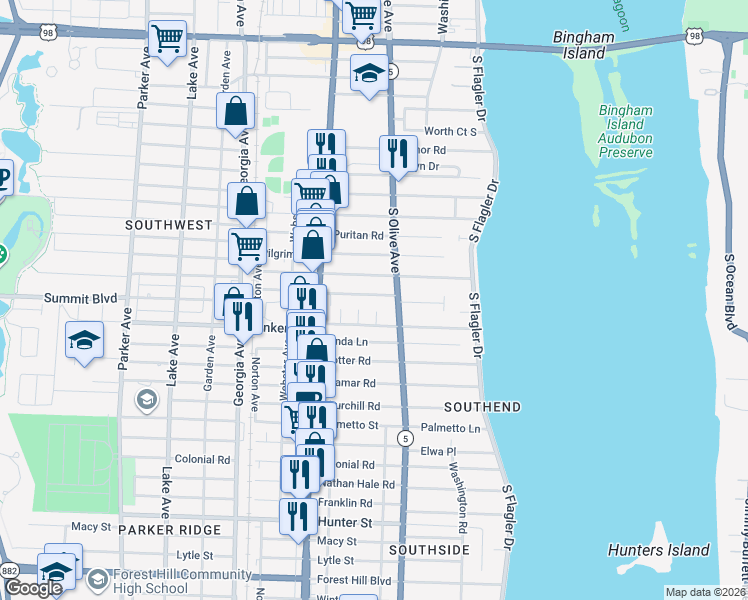 map of restaurants, bars, coffee shops, grocery stores, and more near 324 Putnam Ranch Road in West Palm Beach