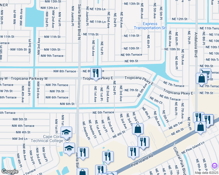 map of restaurants, bars, coffee shops, grocery stores, and more near 707 Northeast 2nd Avenue in Cape Coral