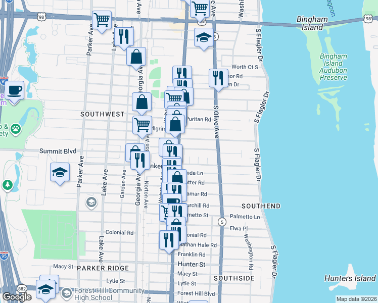 map of restaurants, bars, coffee shops, grocery stores, and more near 358 Putnam Ranch Road in West Palm Beach