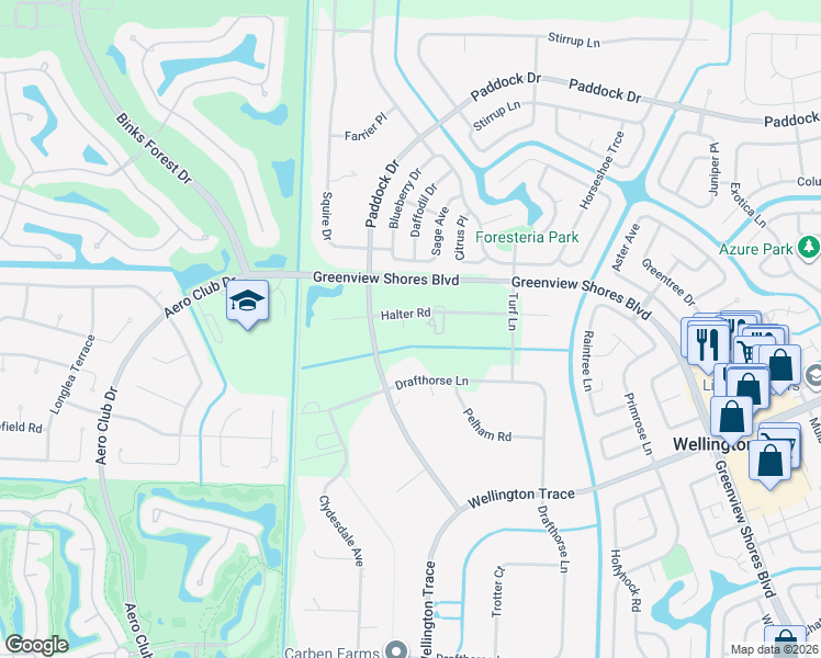map of restaurants, bars, coffee shops, grocery stores, and more near 14598 Halter Road in Wellington