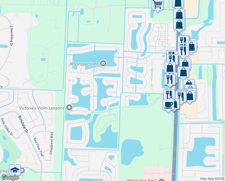 map of restaurants, bars, coffee shops, grocery stores, and more near 10498 Fishpond Court in Wellington