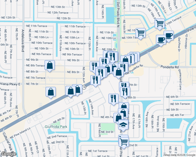 map of restaurants, bars, coffee shops, grocery stores, and more near 1490 Northeast Pine Island Road in Cape Coral