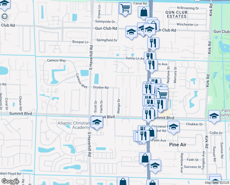 map of restaurants, bars, coffee shops, grocery stores, and more near 814 Mango Drive in West Palm Beach