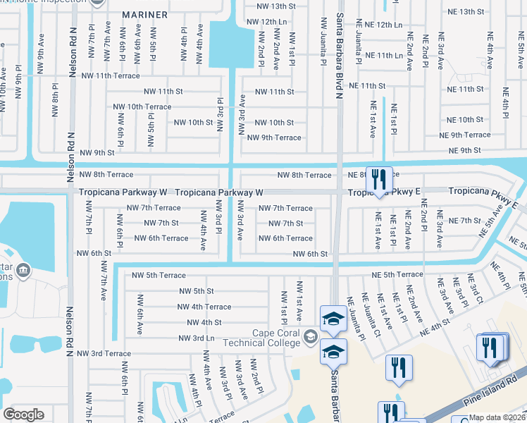 map of restaurants, bars, coffee shops, grocery stores, and more near 702 Northwest 2nd Place in Cape Coral