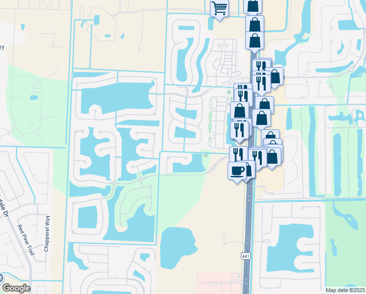 map of restaurants, bars, coffee shops, grocery stores, and more near 1207 Creekside Drive in Wellington