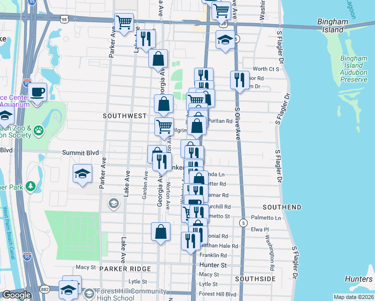 map of restaurants, bars, coffee shops, grocery stores, and more near 5314 Webster Avenue in West Palm Beach