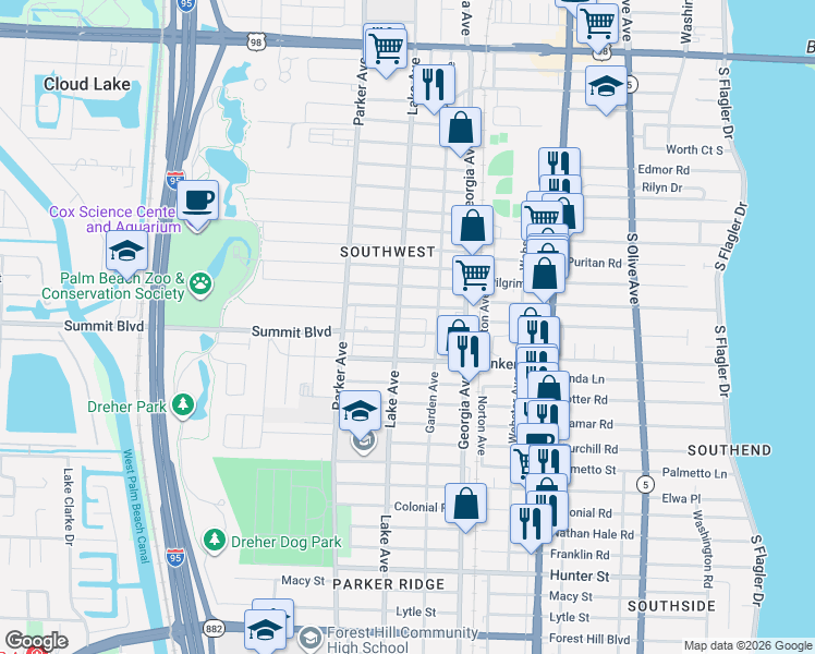 map of restaurants, bars, coffee shops, grocery stores, and more near 724 Summit Boulevard in West Palm Beach