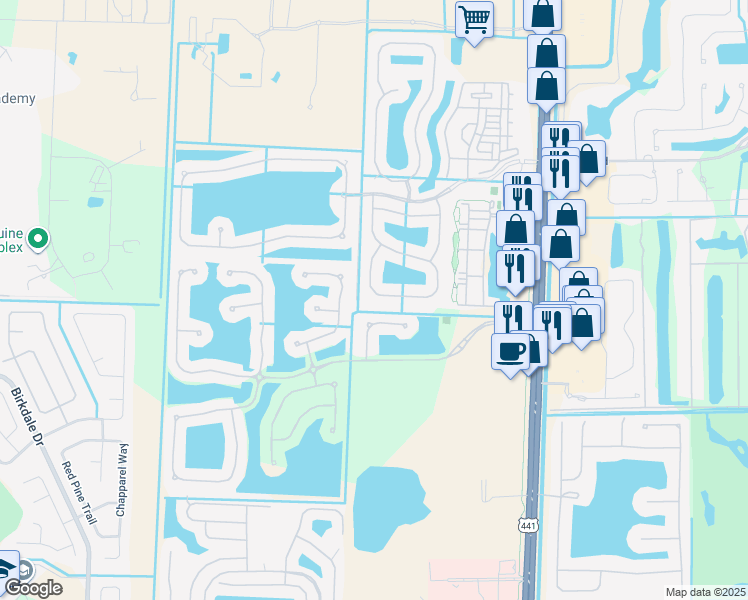 map of restaurants, bars, coffee shops, grocery stores, and more near 1207 Creekside Drive in Wellington