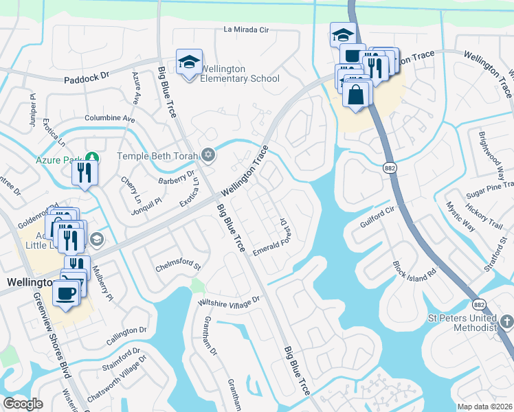 map of restaurants, bars, coffee shops, grocery stores, and more near 1075 Aviary Road in Wellington