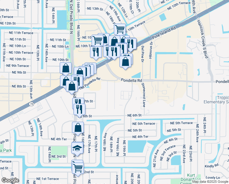 map of restaurants, bars, coffee shops, grocery stores, and more near 1186 Alabar Lane in Cape Coral
