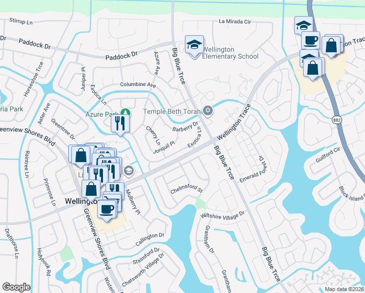 map of restaurants, bars, coffee shops, grocery stores, and more near 13522 Exotica Lane in Wellington