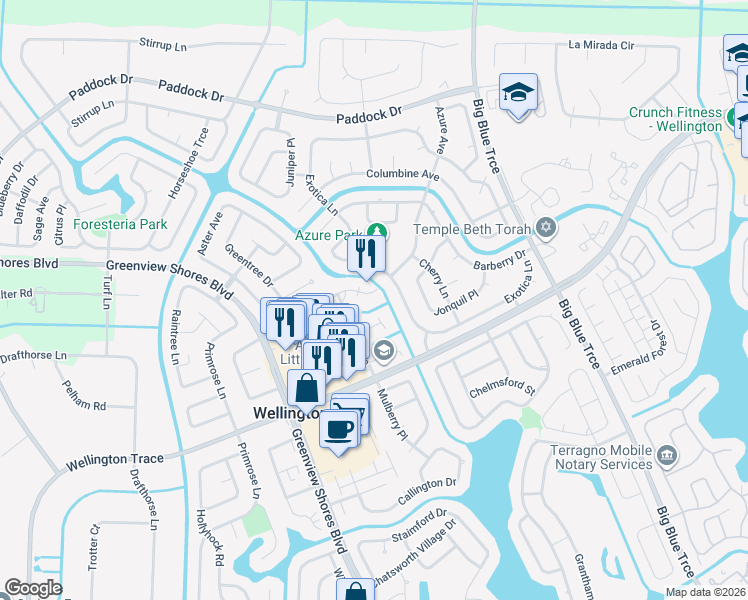 map of restaurants, bars, coffee shops, grocery stores, and more near 13789 Bottlebrush Court in Wellington
