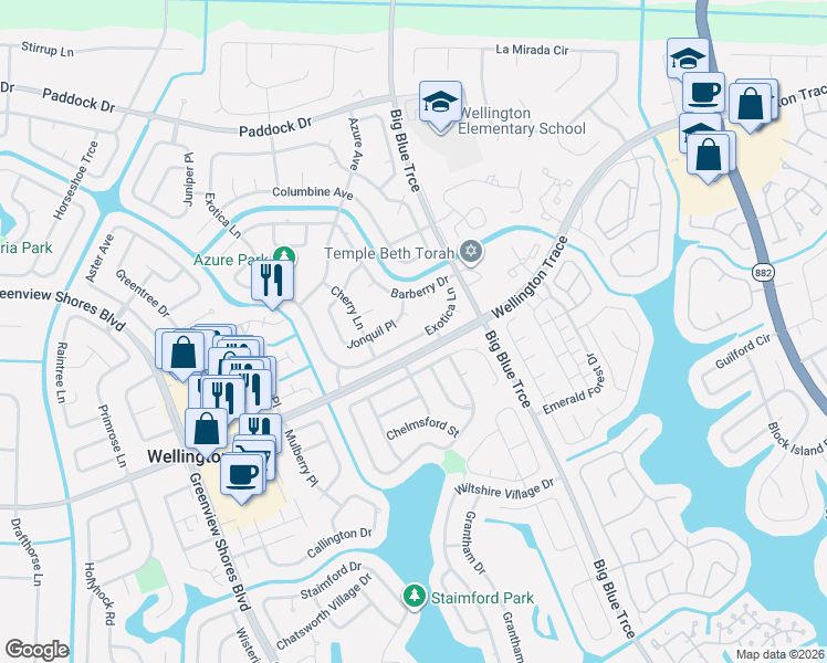 map of restaurants, bars, coffee shops, grocery stores, and more near 13328 Northumberland Circle in Wellington