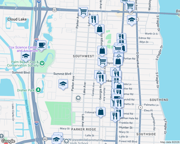 map of restaurants, bars, coffee shops, grocery stores, and more near 724 Summit Boulevard in West Palm Beach