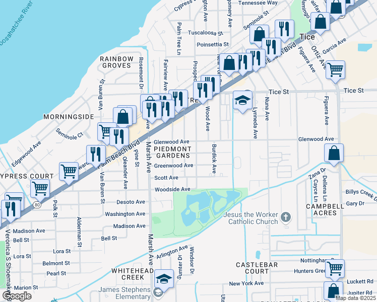map of restaurants, bars, coffee shops, grocery stores, and more near 656 Prospect Avenue in Fort Myers
