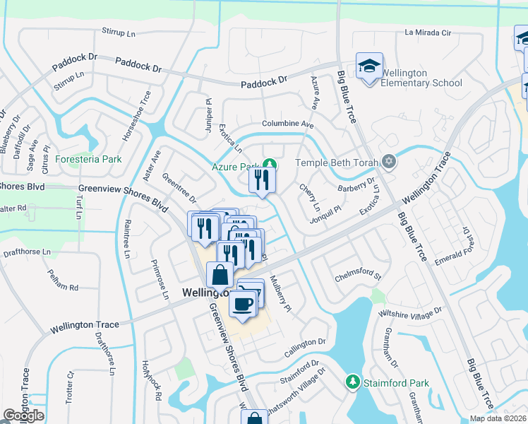 map of restaurants, bars, coffee shops, grocery stores, and more near 1038 Goldenrod Road in Wellington