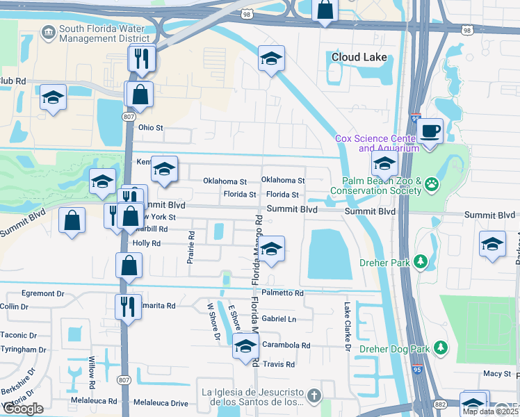 map of restaurants, bars, coffee shops, grocery stores, and more near Summit Blvd & Florida Mango Rd in West Palm Beach