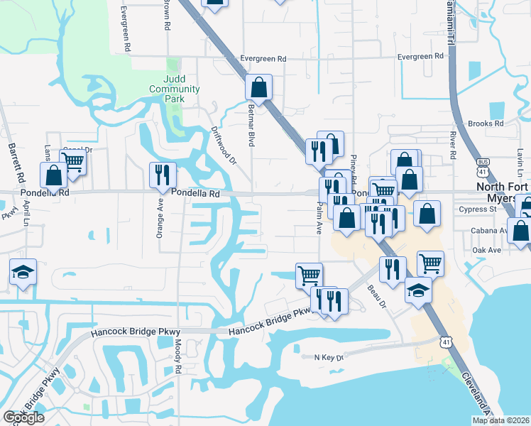 map of restaurants, bars, coffee shops, grocery stores, and more near 1189 Betmar Boulevard in North Fort Myers