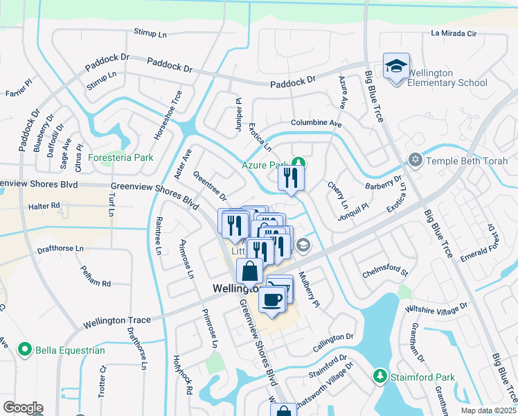 map of restaurants, bars, coffee shops, grocery stores, and more near 1077 Goldenrod Road in Wellington