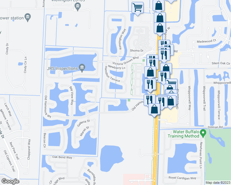 map of restaurants, bars, coffee shops, grocery stores, and more near 140 Canterbury Place in Royal Palm Beach