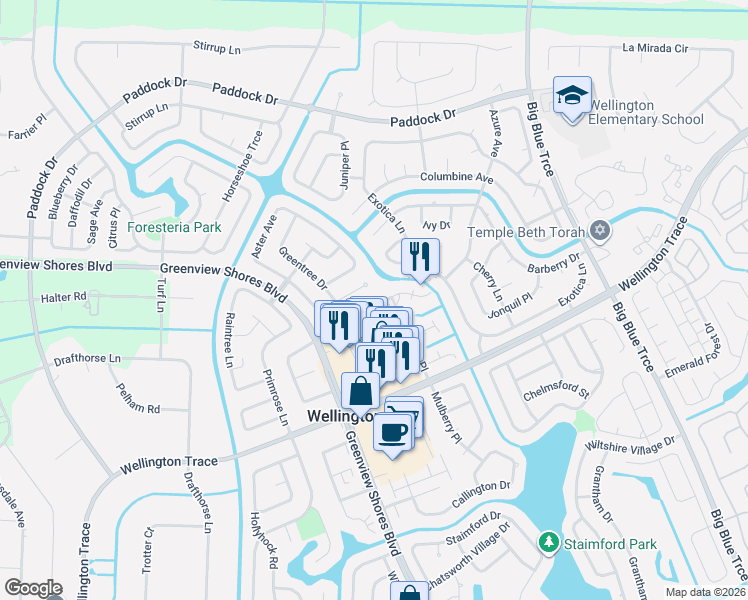 map of restaurants, bars, coffee shops, grocery stores, and more near 1078 Crassula Court in Wellington