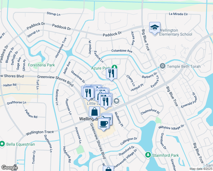 map of restaurants, bars, coffee shops, grocery stores, and more near 1070 Goldenrod Road in Wellington