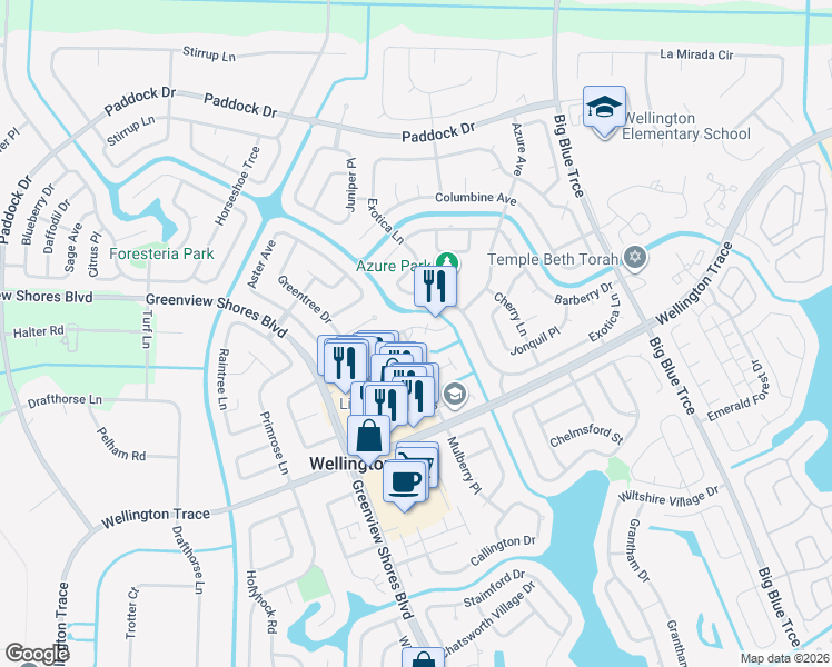 map of restaurants, bars, coffee shops, grocery stores, and more near 1072 Goldenrod Road in Wellington