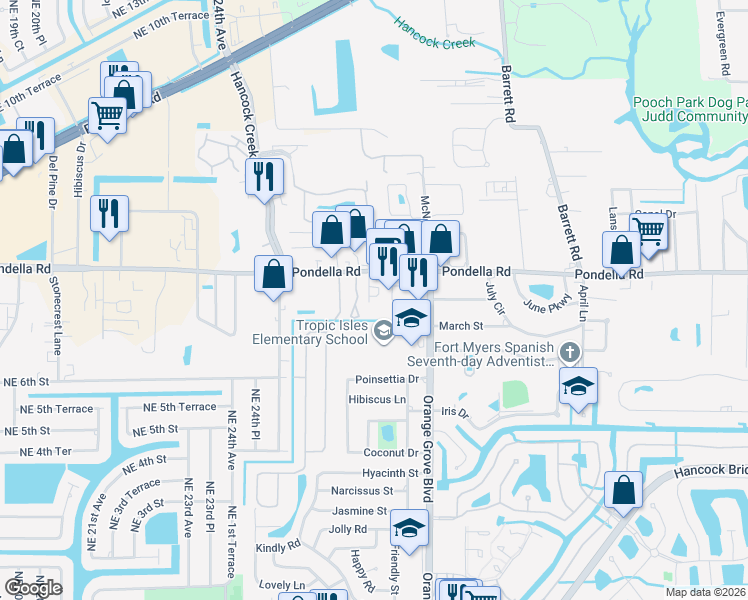 map of restaurants, bars, coffee shops, grocery stores, and more near 977 Pondella Road in North Fort Myers