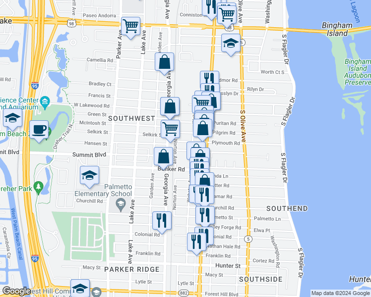 map of restaurants, bars, coffee shops, grocery stores, and more near 433 Plymouth Road in West Palm Beach