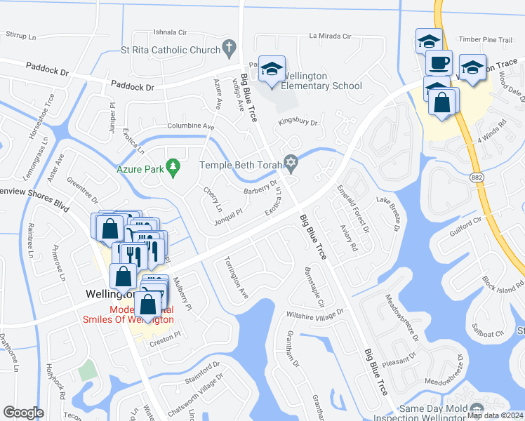 map of restaurants, bars, coffee shops, grocery stores, and more near 13510 Exotica Lane in Wellington