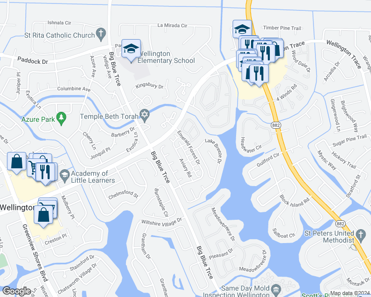 map of restaurants, bars, coffee shops, grocery stores, and more near 13149 Green Finch Terrace in Wellington