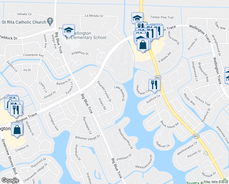 map of restaurants, bars, coffee shops, grocery stores, and more near 1019 Sweet Briar Place in Wellington