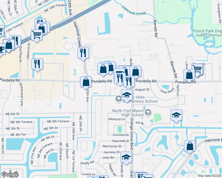 map of restaurants, bars, coffee shops, grocery stores, and more near 13971 Windrush Court in North Fort Myers