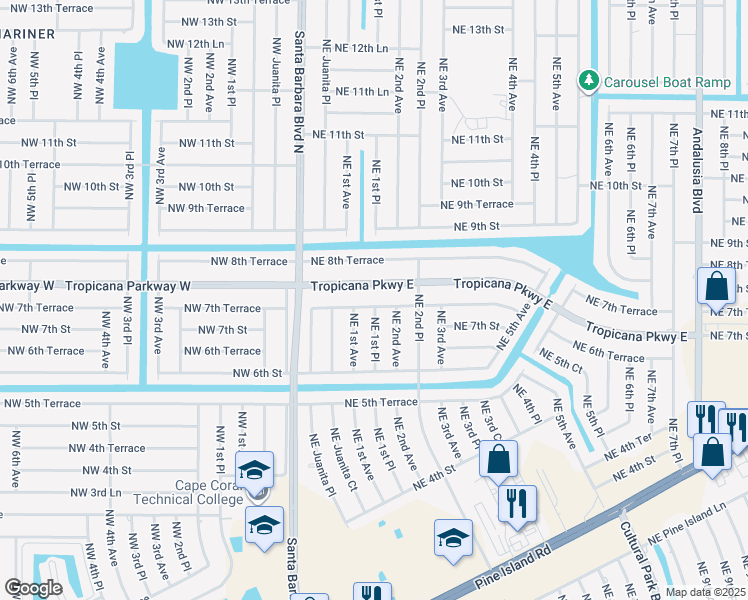 map of restaurants, bars, coffee shops, grocery stores, and more near 126 Tropicana Parkway East in Cape Coral