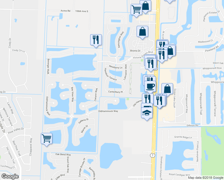 map of restaurants, bars, coffee shops, grocery stores, and more near 135 Canterbury Place in Royal Palm Beach